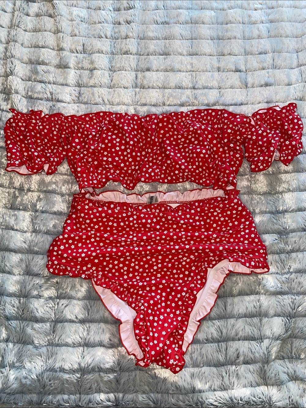 SHEIN Red Floral Ruffle Off-Shoulder Bikini Set Size Large